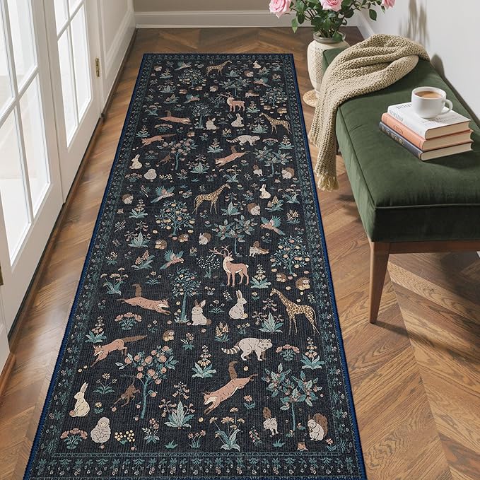 Runner Rug Non Slip 2'6''x 6', Floral Animal Print Rug Machine Washable Rug, Non Slip Low Pile Hallway Runner Carpet for Kitchen, Laundry, Bedroom, Bathroom, Black