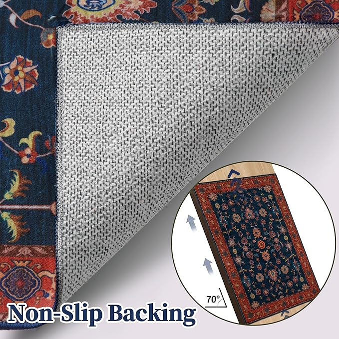 Tangsoo Washable Runner Rug for Hallway Non Slip, 2.6x8 Boho Floral Vintage Carpet Runner Rugs for Entryway, Floor Low Pile Runners for Kitchen Bathroom Laundry Bedroom Alfombra Red Blue Farmhouse