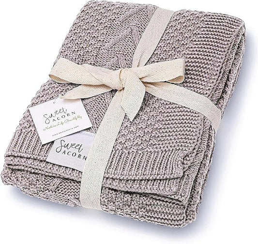 Knit Baby Blanket in Cable Pattern, Organic Cotton Blankets for Crib or Stroller, Receiving Blankets - Fog Grey