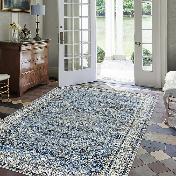 Distressed Carpet Multi Rug Blue Vintage Design Flower Area Rug 5x7 Cover Print Distressed Carpet Multi Rug Living Room Bedroom Dining Room