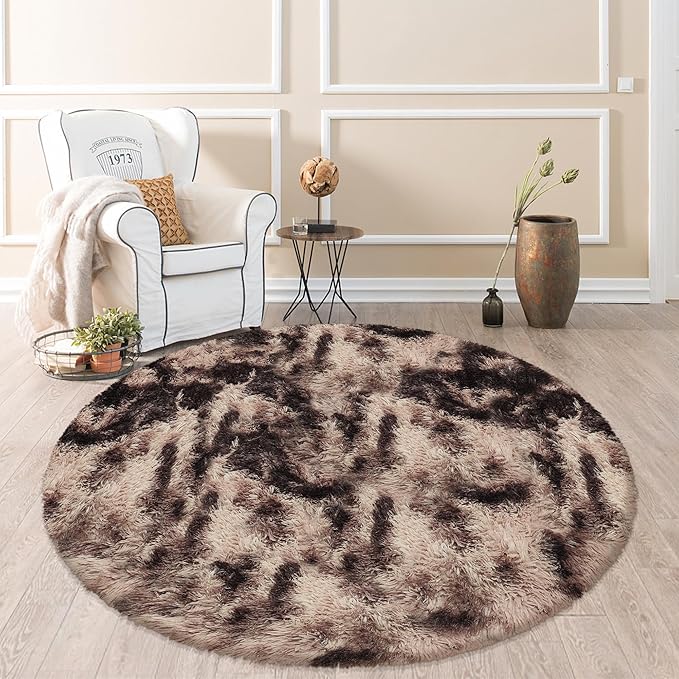 5 ft Round Fluffy Brown Rug for Bedroom,Tie Dyed Furry Round Carpet Non Slip Fuzzy Shaggy Plush Circle Area Rug Rug for Living Room Teen Room Nursery Room Playroom Kids Room Home Decor Washable