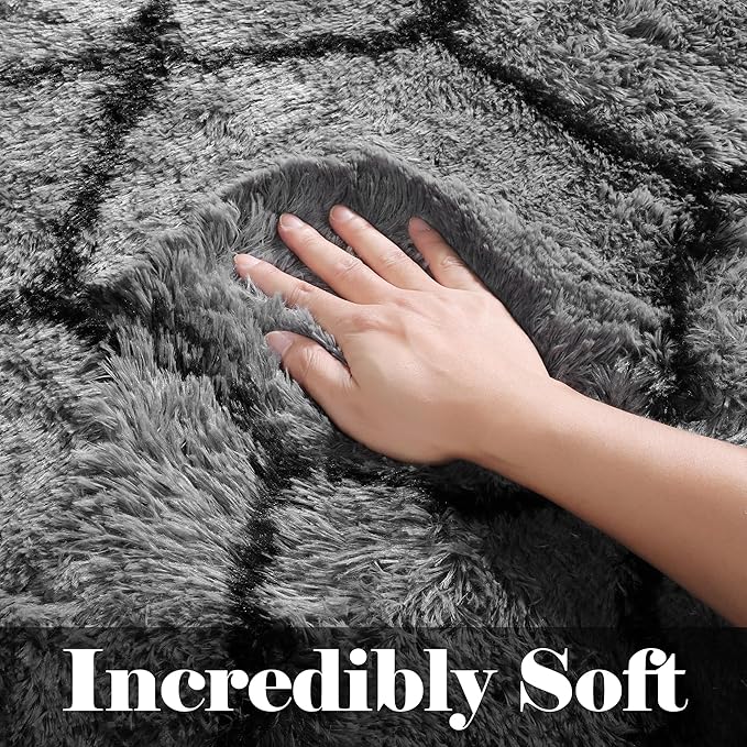 ONASAR 8x10 Area Rugs for Living Room, Fluffy Grey and Black Bedroom Rug, Washable Geometric Boho Large Soft Plush Shaggy Fuzzy Floor Carpet for Nursery Kids Classroom Playroom Dorm Home Decor