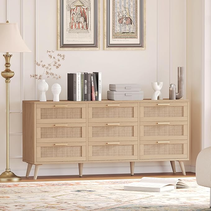 Rovaurx 9 Drawer Double Dresser for Bedroom, Rattan Chest of Dressers, Modern Wooden Dresser Chest with Golden Handles, Beside Table for Closet, Living Room and Entryway, Natural