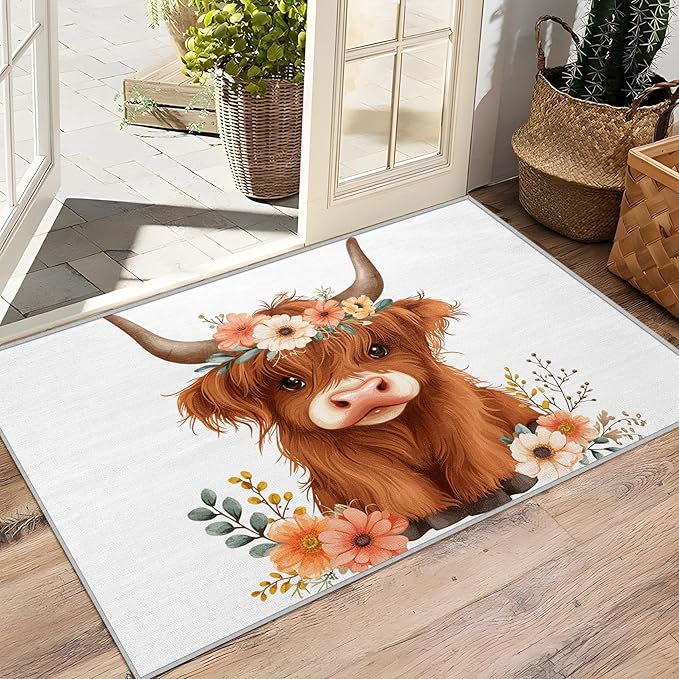 Highland Cow Rug for Nursery - 4x5 Rug - Highland Cow Rug - Cute Cartoon Farm Animal Area Rug - Floral Cattle Farmhouse Animal Rugs - Kids Baby Nursery Carpet - Home Decor