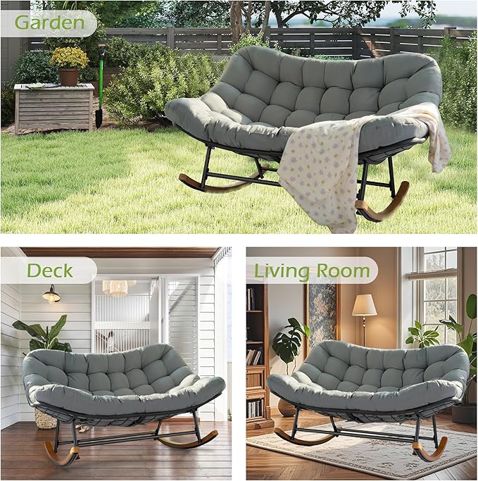 Double Papasan Rocking Chair for Outdoor & Indoor, 660LBS Capacity Oversized Patio Rocking Chair for 2-Person with Cushion and Frame,Comfortable Rocker for Garden, Deck, Living Room,Grey