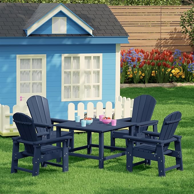 Costaelm Paradise Kids 5-Piece HDPE Outdoor Square Patio Dining Table and Chairs Set, Navy Blue