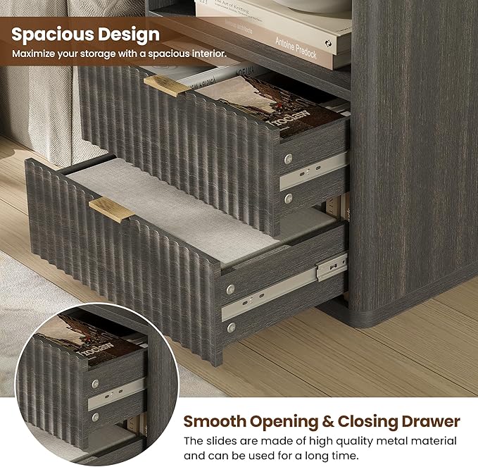 Fluted Nightstand Set of 2 with Charging Station, 21.7" Wide Modern Night Stand with 2 Drawers Open Storage Cabinet, Wooden Bedside End Table for Bedroom,Gray
