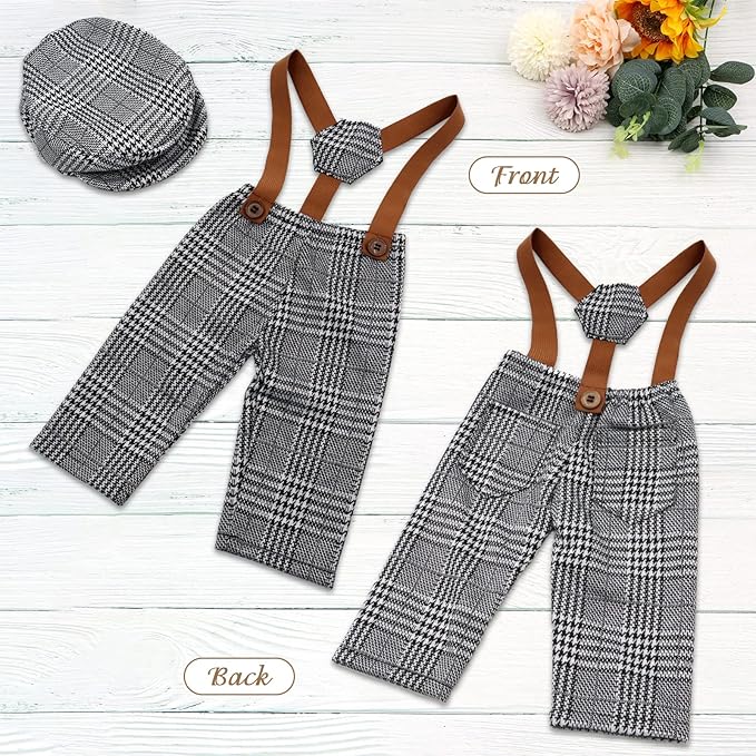 SPOKKI 4 Pcs Newborn Baby Photo Props, Lattice Rompers Suspender Pants with Beret Glasses Bow Tie for Infant Boys' Costumes, Newborn Boy Photography Outfit Set (Grey)