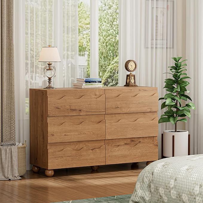 Scalloped Dresser for Bedroom with 6 Drawers, 47" Wide Modern Chest of Drawers with Hidden Handle, Fluted Wood Closet Clothes Storage Organizer, Wooden Dresser for Living Room, Hallway, Natural Oak