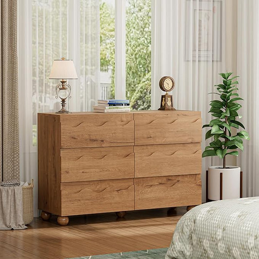 Scalloped Dresser for Bedroom with 6 Drawers, 47" Wide Modern Chest of Drawers with Hidden Handle, Fluted Wood Closet Clothes Storage Organizer, Wooden Dresser for Living Room, Hallway, Natural Oak