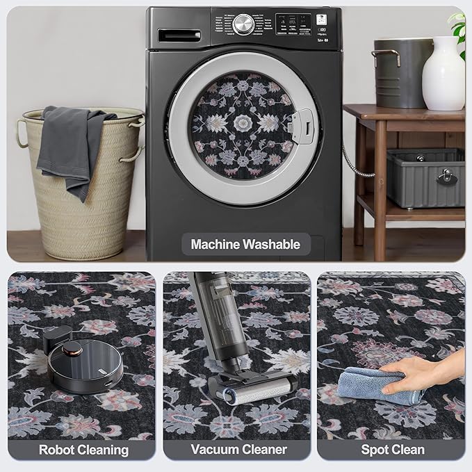 Tangsoo Washable Runner Rug for Hallway Non Slip, 2x5 Boho Floral Vintage Carpet Runner Rugs for Entryway, Floor Low Pile Runners for Kitchen Bathroom Laundry Bedroom Alfombra Black Red Farmhouse