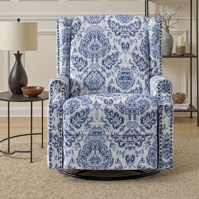 UIXE Swivel Glider Recliner Chair for Adults, High Back Nursery Rocker Floral Upholstered Armchair for Living Room, Manual Reclining Rivet Trim Sofa Lounge with Deep Seat in Fabric - Navy Blue