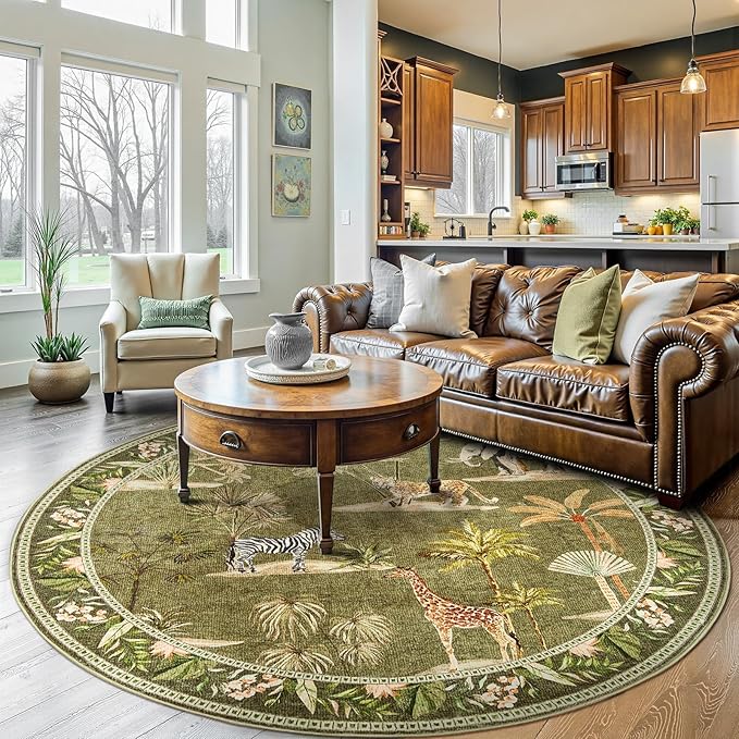jinchan Round Rug 7ft Green Jungle Animals Print Living Room, Machine Washable 7' Circle Modern Soft Non-Slip Forest Plant Kids Room Throw Area Rug Low Pile Christmas Carpet for Dining Room Bedroom
