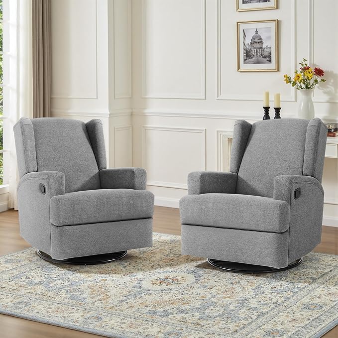 UIXE Swivel Glider Recliner Chairs Set of 2, Fabric High Back Accent Chair Nursery Rocker for Living Room, Upholstered Manual Reclining Sofa Seating with Deep Seat - Flax Gray