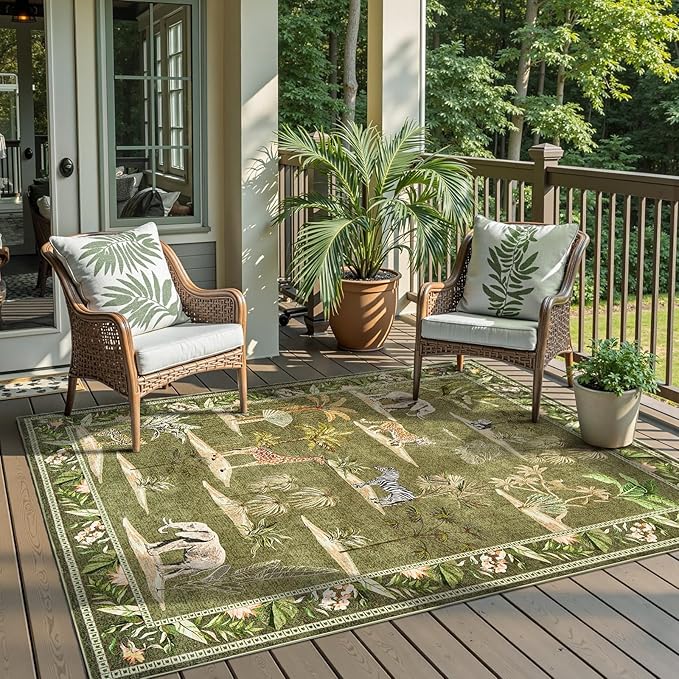 jinchan Jungle 5x7 Green Animals Print Living Room Rug, Machine Washable Soft Ultra-Thin Non-Slip Area Rug Throw Christmas Carpet for Bedroom Kids Playroom Dining Room Courtyard (5'x7', Green)