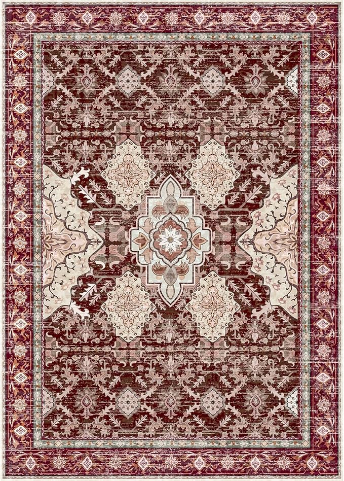 AMTOVO Area Rugs 5'x7' Washable Non-Slip, Vintage Boho Distressed Print Pattern Rugs for Living Room, Soft Low Pile Carpet for Bedroom Indoor Playroom Nursery Farmhouse Dining Room, Vintage Red