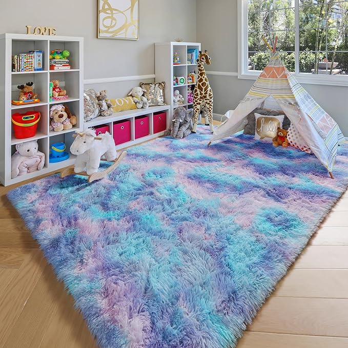 ONASAR Fluffy Area Rugs for Girls Bedroom, 4x6 Purple Rainbow Washable Bedside Rug, Indoor Cute Ultra Soft Plush Shag Floor Carpets for Nursery Kids Teen Girl Dorm Princess Room Playroom Home Decor