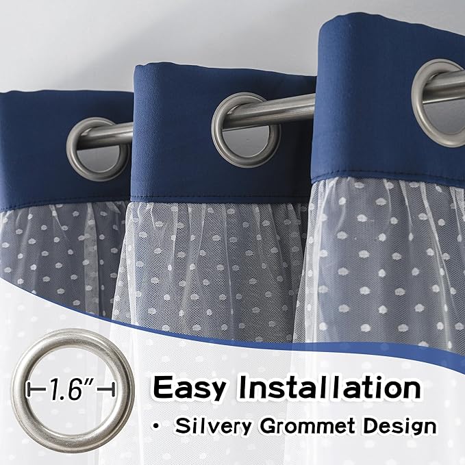 MYSKY HOME Navy Blue Blackout Curtains for Girls Bedroom & Nursery Kids Cute Curtains Double Layer with Polka Dots Sheer, Grommet Tops, 52x95 Inch Each Panel, 2 Panels