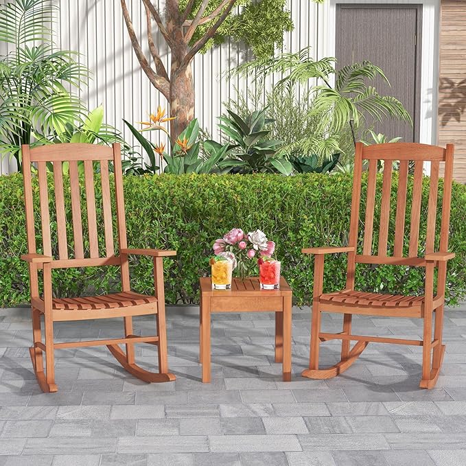 Giantex Wood Outdoor Rocking Chair - Eucalyptus Rocker Chair with Stable & Safe Rocking Base, High Backrest, Slatted Patio Rocker for Garden, Poolside, Courtyard Outdoor Rockers, Porch Rocker Set of 2