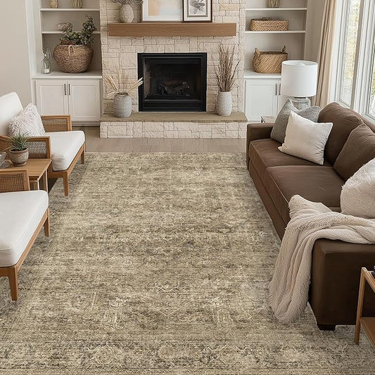 Fmfunctex 9x12 Washable Area Rug Brown Vintage Neutral Distressed Oriental Large Non Slip Carpet for Living Room Bedroom Soft Low Pile Indoor Mat Retro Throw Rug for Dining Room Kitchen Office Nursery