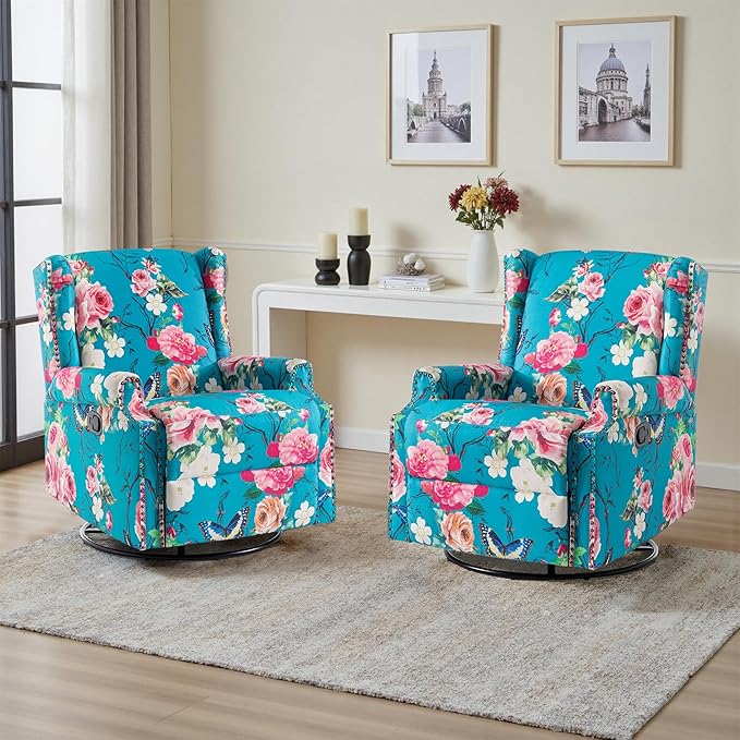 UIXE Floral Swivel Glider Recliner Chairs Set of 2, High Backrest Nursery Rocker Fabric Accent Chair for Living Room, Rivet Trim Upholstered Armchair Manual Reclining Sofa Seating - Peacock Blue