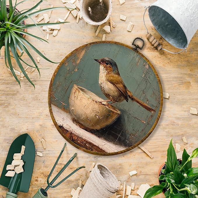 Hiuwevt Vintage Bird Round Wall Art Decor, Antique Framed Bird on Bowl Canvas Prints, Rustic Farmhouse Round Wall Hanging Decor for Home Bedroom Living Room Decorations, 10x10 Inches