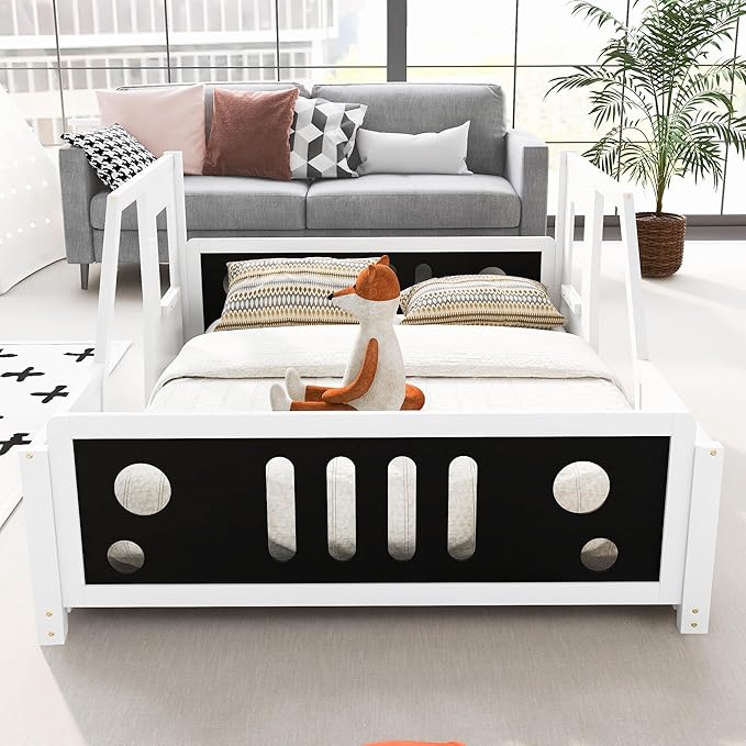 Full Size Car-Shaped Kids Bed with Headboard & Footboard and 4 Side Rails, Race Car Montessori Bed for Boys & Girls, White