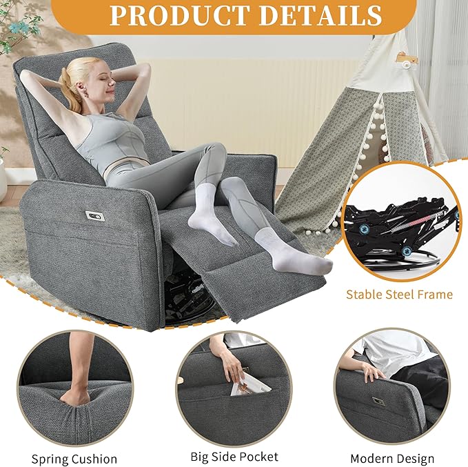 Power Swivel Rocker Recliner Chair for Nursery, Upholstered Snowflake Velvet 270°Swivel Glider Rocker Chair with USB Ports, Small Power Recliners for Small Spaces Living Room
