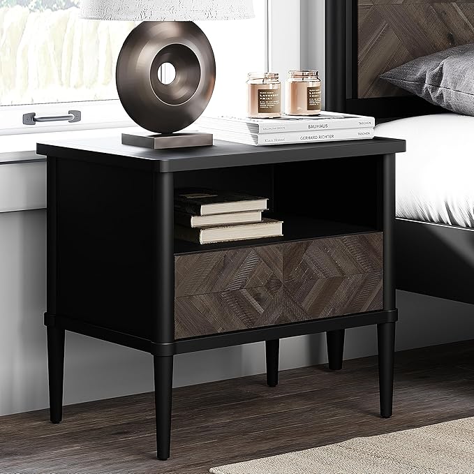 Lenia Solid Wood Nightstand, Mid Century Modern Night Stand End Table Bedroom Living Room, Herringbone Pattern Bedside Table for, Rustic Side Table with Drawer & Open Storage, Mocha Black