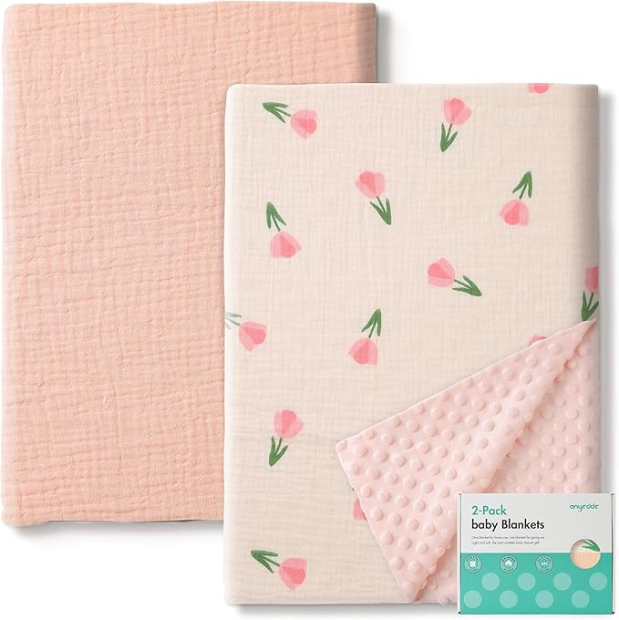 2-Pack Baby Blankets with Muslin Cotton and Minky Dots for Toddler Girls - Super Soft Baby Minky Blanket, Pink Floral Printed Blanket for Newborn, Cozy and Lightweight