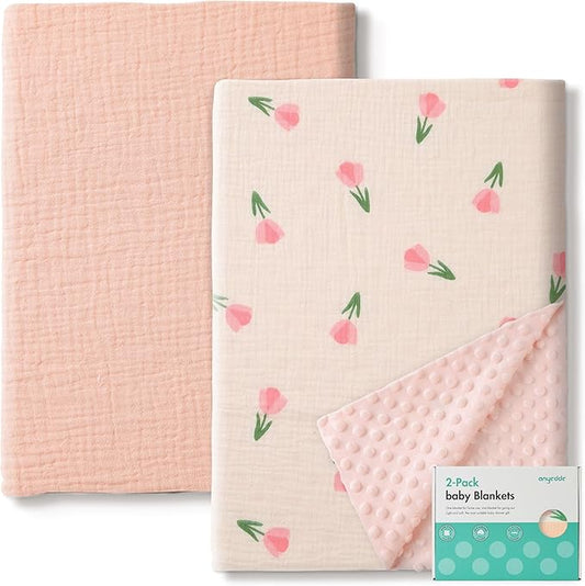 2-Pack Baby Blankets with Muslin Cotton and Minky Dots for Toddler Girls - Super Soft Baby Minky Blanket, Pink Floral Printed Blanket for Newborn, Cozy and Lightweight