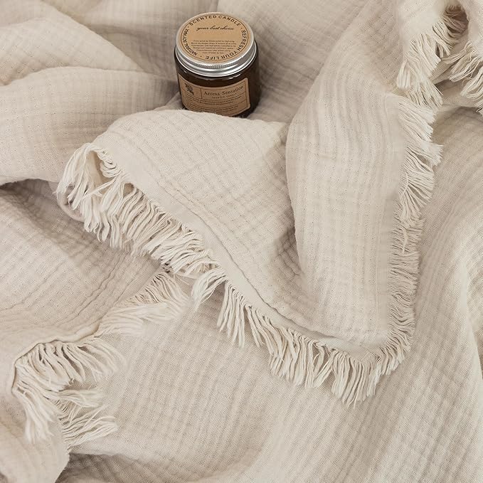 FOSSA Muslin Blanket with Fringe - 4-Layer 100% Cotton Gauze Super Soft & Breathable Throw -Lightweight Decorative Cooling Blanket for Bed, Sofa, Office -Super King Size 108" × 98" (Beige)