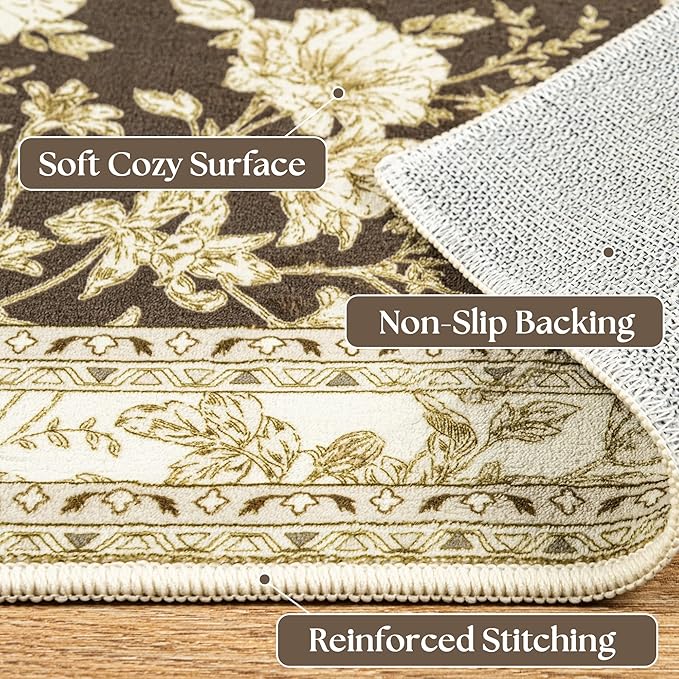 Brown Floral Print Area Rugs for Bedroom Living Room Boho Farmhouse Country Rustic Dining Room Carpet Soft Washable Rugs Non Slip Floor Covering for Nursery Playroom 6x9