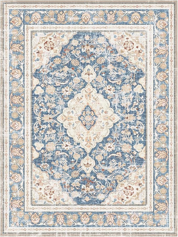 Vhong Boho Area Rugs Washable Vintage Modern Neutral Small Carpet Blue 3×5 High Traffic Rugs for Dinning Room Living Room Bedroom Farmhouse Non Slip
