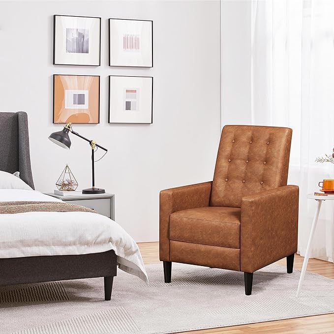 Yaheetech Faux Leather Recliner Sofa Mid-Century Modern Single Reclining Chair Adjustable Back & Footrest Tufted Upholstered Sofa with Pocket Spring Living Room Bedroom Home Theater Brown
