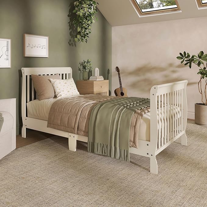 Dream On Me Aden 4-in-1 Convertible Mini Baby Crib French White, GreenGuard Gold & JPMA, Sustainable Pinewood, Non-Toxic Finish, 3 Mattress Heights, Converts to Mini Day & Twin-Size Bed