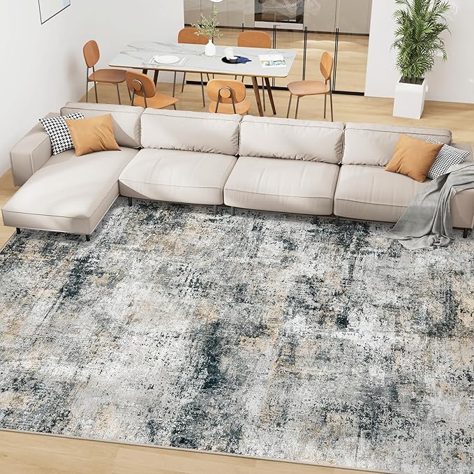 9x12 Area Rugs Living Room Rugs: Large Washable Rug with Anti-Slip Backing Non-Shedding Stain-Resistant Soft Abstract Carpet for Bedroom Dining Room Nursery Hallway Indoor Home Office Black Grey Brown