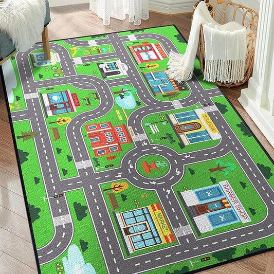 Play Rug for Playroom 59"x39" Car Mat Town City Road Map for Bedroom Fun Car Play Area Carpet Non-Slip Washable