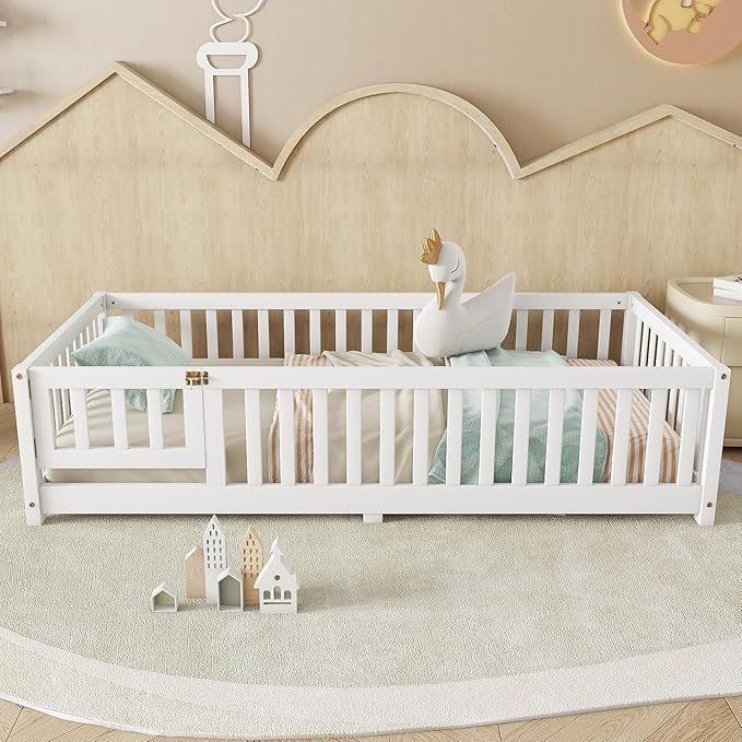 Twin Floor Bed with Slats, Fence and Door, Twin Size Montessori Floor Bed for Kids, Girls, Boys, Easy Assemble Montessori Bed Frame(Twin White)