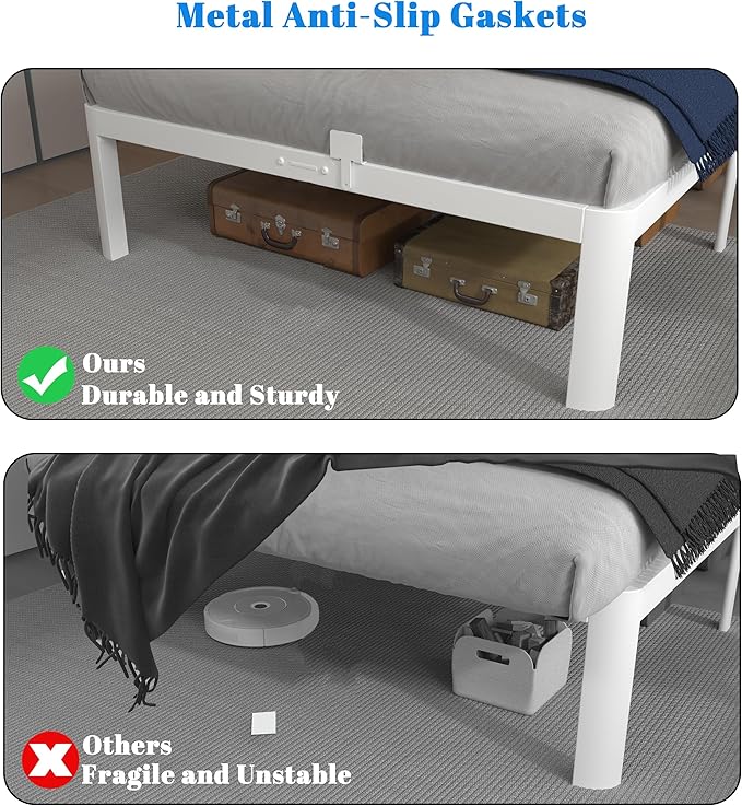 White 10 Inch Twin Bed Frames, Metal Bed Frame Twin Size with Anti-Slip Baffles, No Box Spring Needed, Rounded Corner Legs, Heavy Duty Steel Platform Support, Noise Free, Storage Space