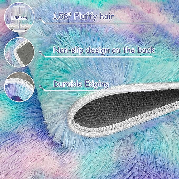 Tie-Dyed Purple Blue Rainbow Kids Rug for Bedroom, 3x5 Fluffy Fuzzy Area Rugs for Girls Room Dorm, Indoor Shaggy Living Room Carpet, Cute Soft Shag Playing Mat for Baby Nursery Playroom