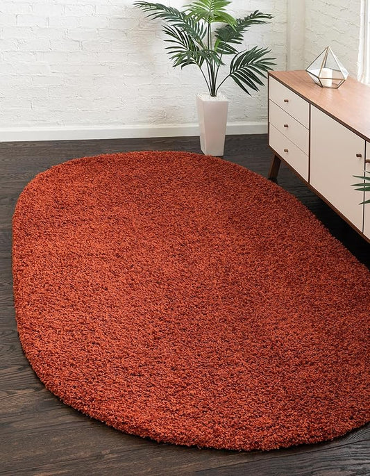 Unique Loom Solid Shag Collection Area Rug (7' 10" x 10' Oval, Terracotta)