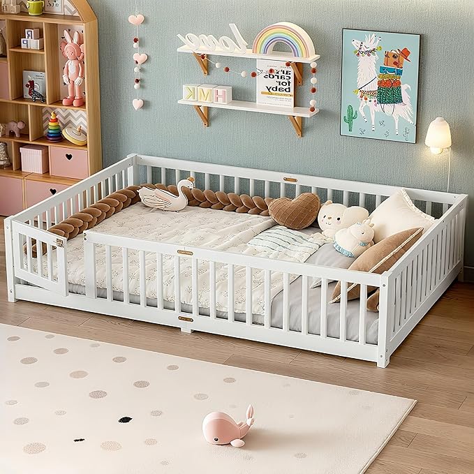 Bellemave Queen Floor Bed Frame with Rails and Door, Solid Wood Montessori Queen Size Floor Bed for Kids, Low Profile Montessori Beds with Removable Slats, White
