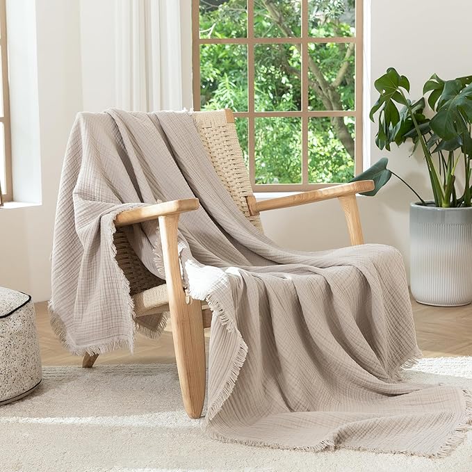 MooMee Muslin Blanket - 100% Cotton 4-Layer Gauze Throw Blanket with All-Around Fringe, Ultra-Soft Breathable Lightweight Cooling Decorative for Bed, Sofa & Couch (Cream Grey,Throw 60" x 50")