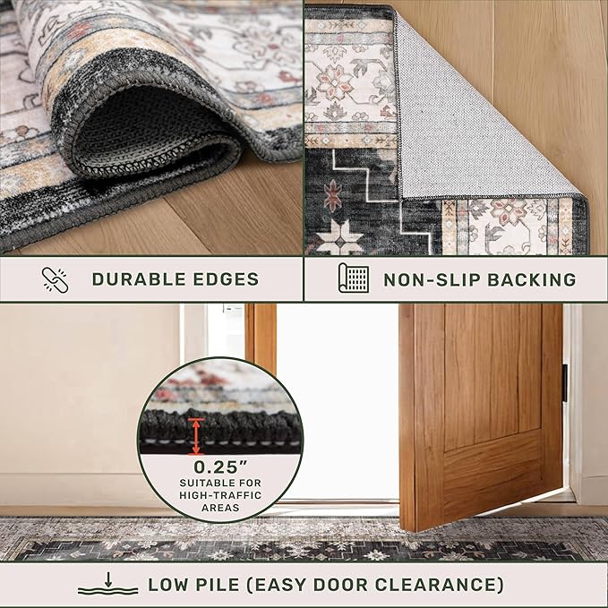 Black Washable 10ft Long Runners for Hallways, 2'6"x10' Wide Kitchen Runner Rug, Entryway Indoor Rug, Non Slip Rubber Backing Boho Vintage Floor Decor