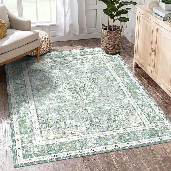 Vhong Boho Area Rugs Washable Vintage Modern Neutral Small Carpet Sage Green 3×5 High Traffic Rugs for Dinning Room Living Room Bedroom Farmhouse Non Slip