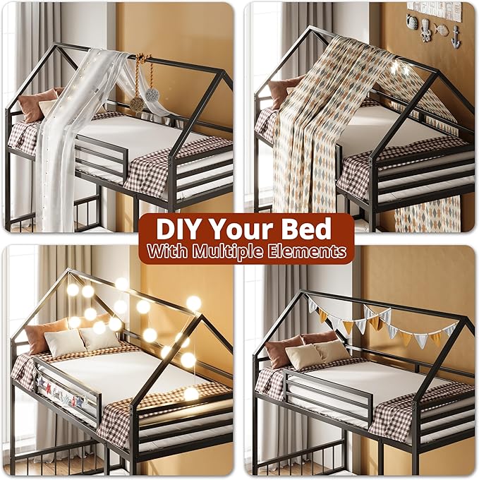 LIKIMIO Bunk Bed Twin Over Twin, House Bunk Bed Frame with Ladder and Guardrail, House Shaped with Metal Slats for Dormitory and Bedroom, Space Saving, No Box Spring Needed, Black