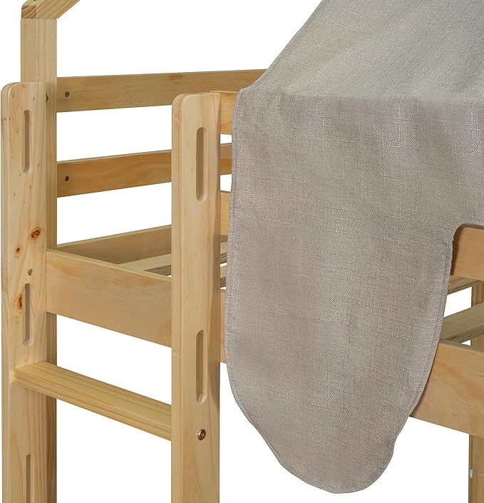 Playhouse Design Full Size Wood Loft Bed with Slide and Tent, Low Loft House Bed Frame with Storage Shelves and Removable Car-Shaped Staircase for Kids Teens Boys Girls Bedroom (Natural-PT)