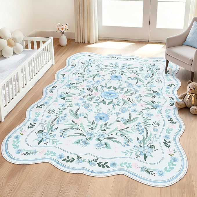 Blue Floral Area Rug 5x7, Washable Scalloped Boho Carpet for Girls Bedroom, Living Room, or Nursery, Cute Non-Slip Soft Cottagecore Rug for Kids Room or Playroom Home Décor