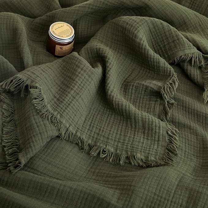 FOSSA Muslin Blanket with Fringe - 4-Layer 100% Cotton Gauze Super Soft & Breathable Throw -Lightweight Decorative Cooling Blanket for Bed, Sofa, Office (Olive Green, Queen (90" × 90"))